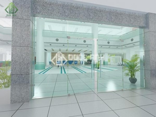 Cửa kính cường lực mở quay lắp đặt cho tòa nhà.