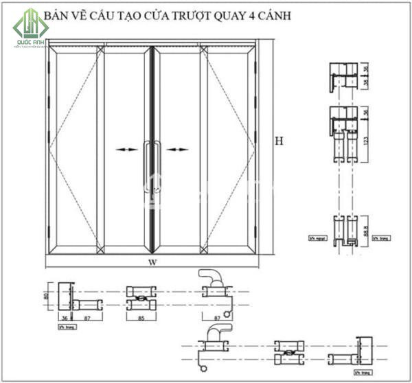 Bản vẽ cửa nhôm kính trượt quay.