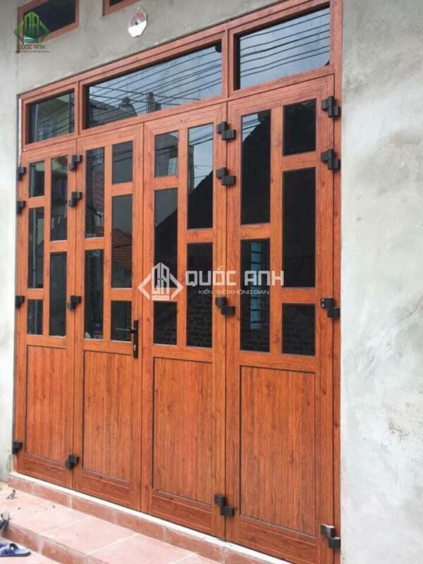 Cửa nhôm chia ô màu vân gỗ.