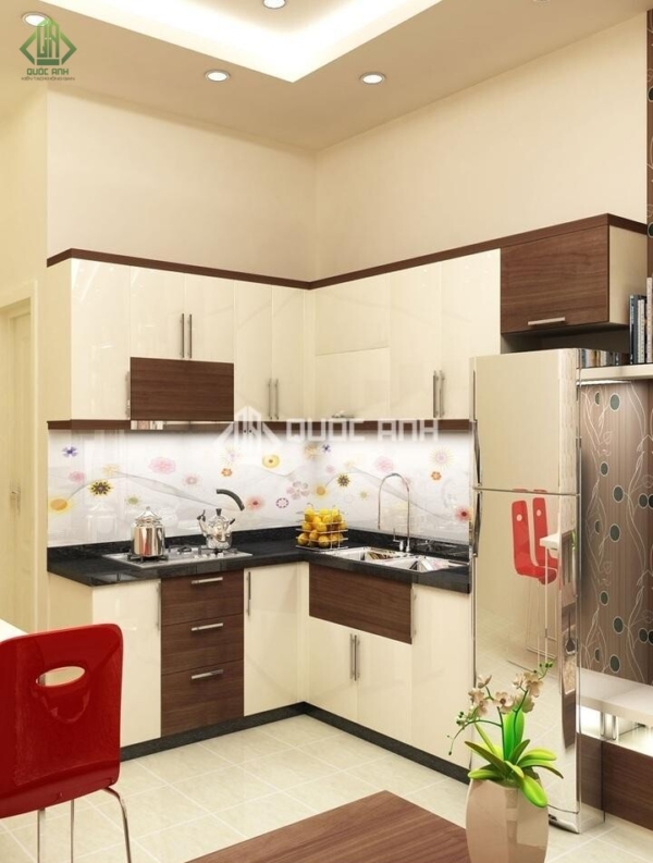 Kính ốp bếp hoa văn hoa bay bổng.