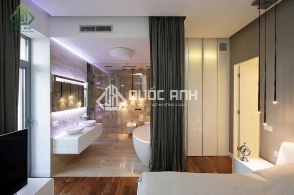 Phòng tắm kính trong phòng ngủ đơn giản.