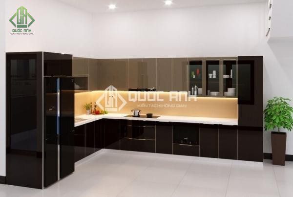 Tủ bếp inox cánh kính sang trọng.