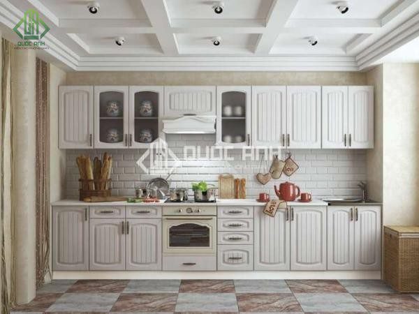 Tủ bếp tân cổ điển được gia công tỉ mỉ.